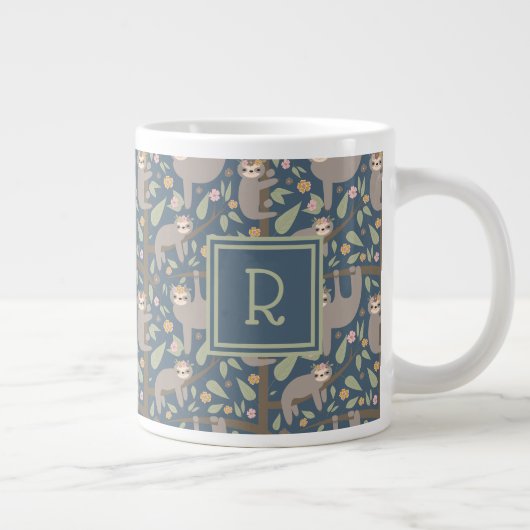 Voeg uw Initiaal toe | Cute Floral Sloth Pattern Grote Koffiekop (Rechts)