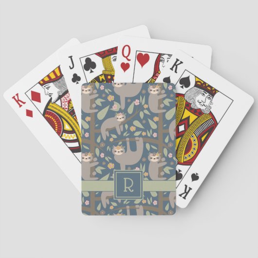 Voeg uw Initiaal toe | Cute Floral Sloth Pattern Pokerkaarten (Achterkant)