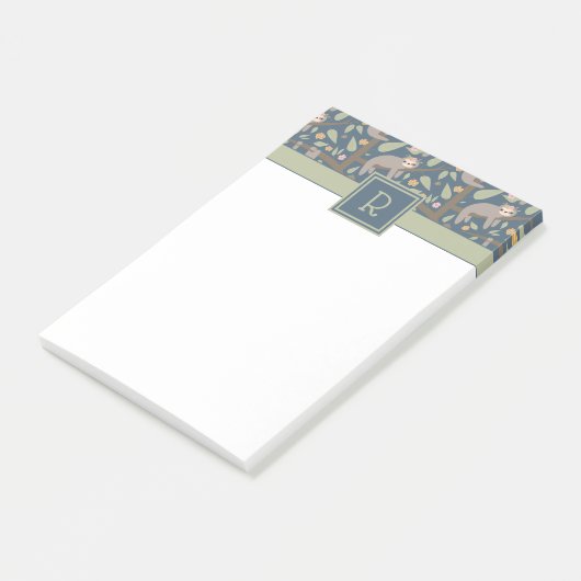 Voeg uw Initiaal toe | Cute Floral Sloth Pattern Post-it® Notes (Schuin)