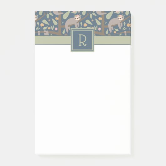 Voeg uw Initiaal toe | Cute Floral Sloth Pattern Post-it® Notes (Voorkant)