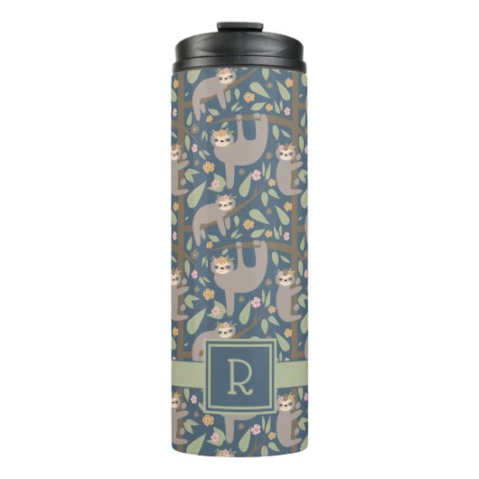Voeg uw Initiaal toe | Cute Floral Sloth Pattern Thermosbeker (Voorkant)