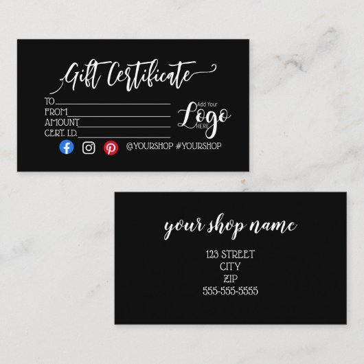 VOEG UW LOGO Business gift certificaatmarketing TO Visitekaartje (Voorkant / Achterkant)