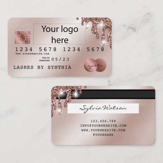 Voeg uw Logo Credit Kaart Styled Roos Gold Drips Visitekaartje (Voorkant / Achterkant)