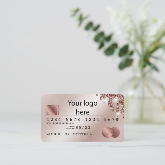 Voeg uw Logo Credit Kaart Styled Roos Gold Drips Visitekaartje (Staand voorkant)