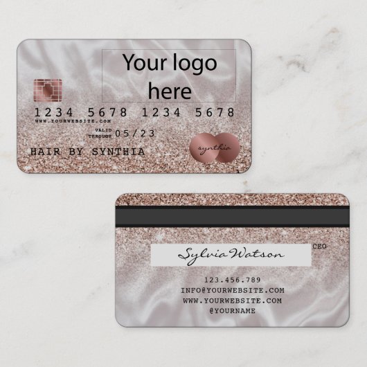 Voeg uw Logo Credit Kaart Styled Roos Gold Glitter Visitekaartje (Voorkant / Achterkant)