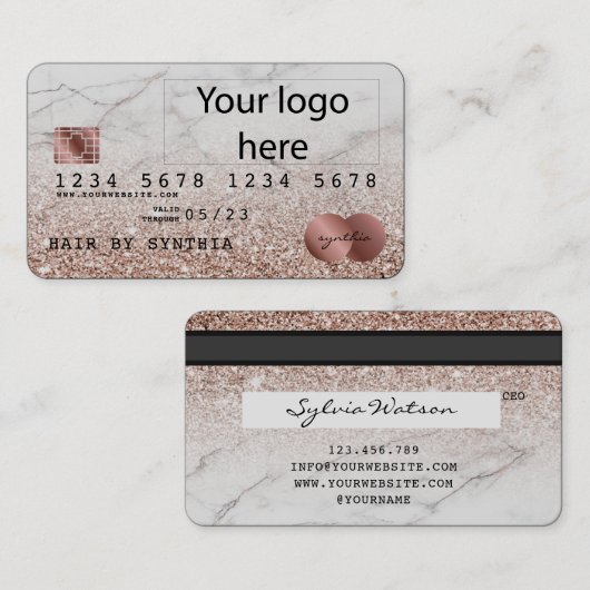 Voeg uw Logo Credit Kaart Styled Roos Gold Glitter Visitekaartje (Voorkant / Achterkant)