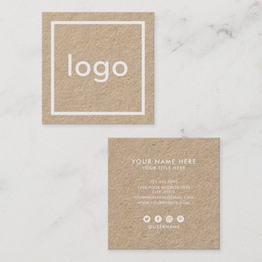 Voeg uw logo handgemaakte rustieke bruine kraft pa vierkante visitekaartje (Voorkant / Achterkant)