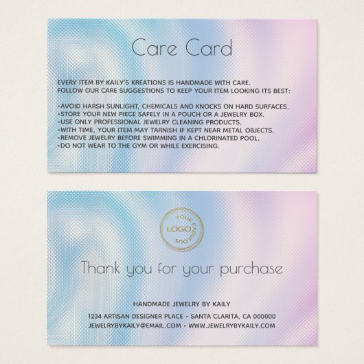 Voeg uw logo holografische juwelen-zorgkaart toe visitekaartje (Voorkant /achterkant)