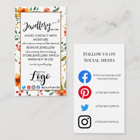 VOEG UW LOGO-juwelen CARE CARDS Small UK floral Visitekaartje (Voorkant / Achterkant)