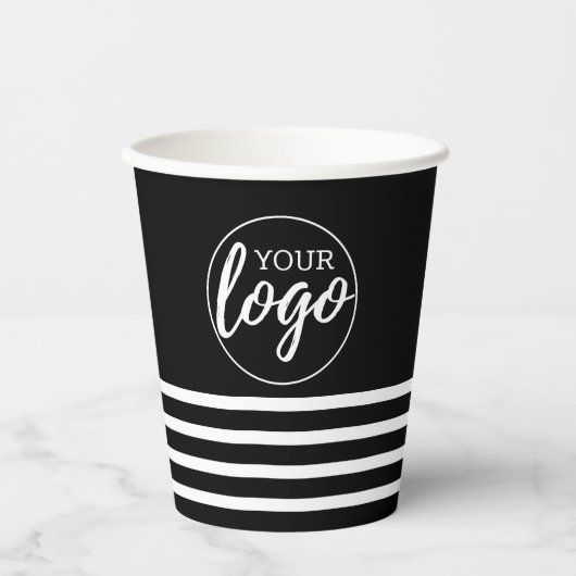 Voeg uw Logo met streepjespatroon toe - zwart wit Papieren Bekers (Voorkant)