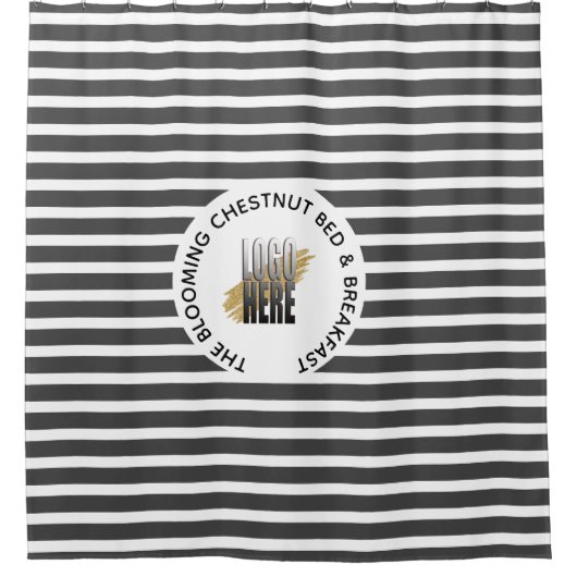 Voeg uw Logo plus bedrijfsnaam toe Grijze streep Douchegordijn (Voorkant)