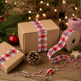 Voeg uw logo Rode Gingham Happy Christmas Verpakki Satijnen Lint