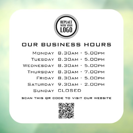 Voeg uw logo tekst QR-code openingsuren bedrijf to Raamsticker (Vel 3)