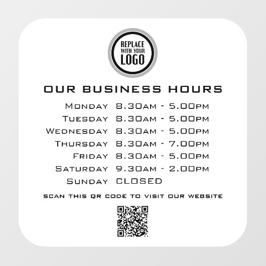 Voeg uw logo tekst QR-code openingsuren bedrijf to Raamsticker (Vel)
