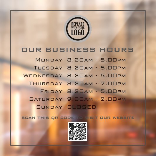 Voeg uw logo tekst QR-code Zakelijke openingsuren  Raamsticker (Vel 2)