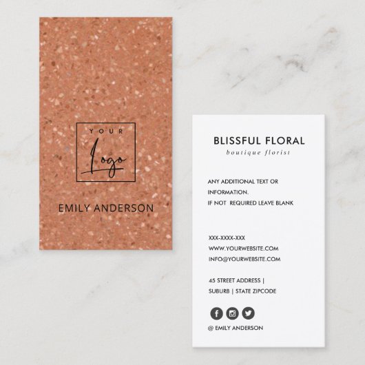 VOEG UW LOGO TERRACOTTA R RUSTIC TERRAZZO TEXTURE  VISITEKAARTJE (Voorkant / Achterkant)
