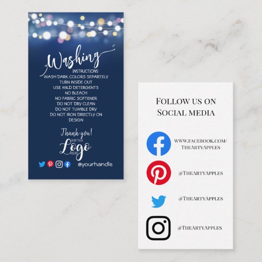 VOEG UW LOGO wasinstructies ZORG KAARTEN blauw TOE Visitekaartje (Voorkant / Achterkant)