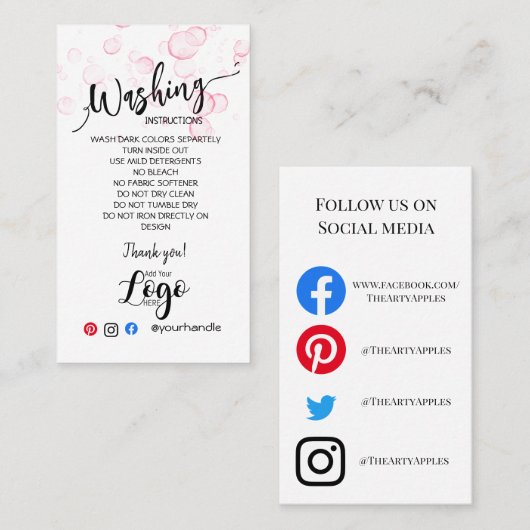 VOEG UW LOGO wasinstructies ZORGKAARTEN TOE Visitekaartje (Voorkant / Achterkant)