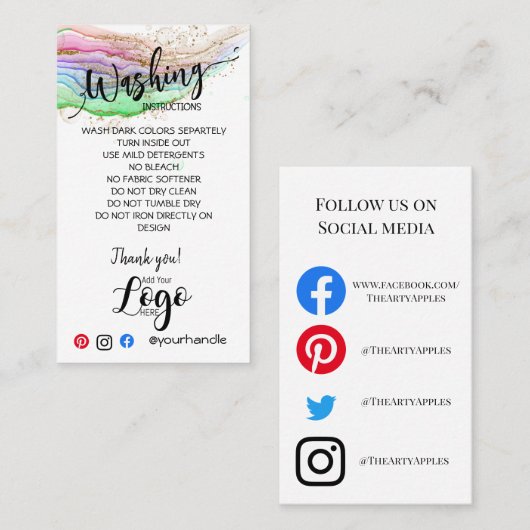 VOEG UW LOGO wasinstructies ZORGKAARTEN TOE Visitekaartje (Voorkant / Achterkant)