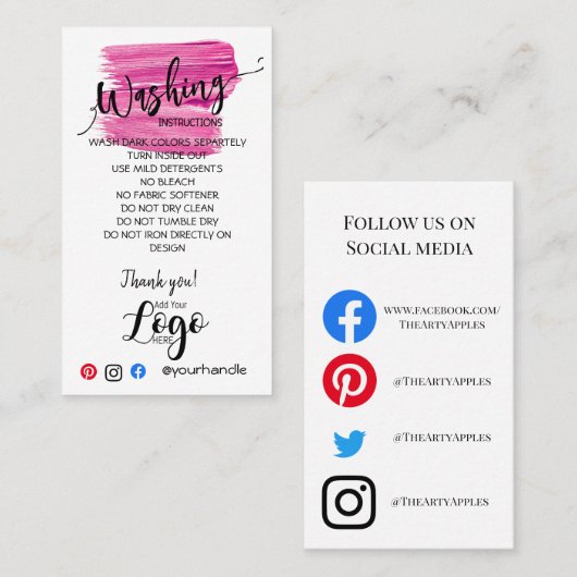 VOEG UW LOGO wasinstructies ZORGKAARTEN TOE Visitekaartje (Voorkant / Achterkant)