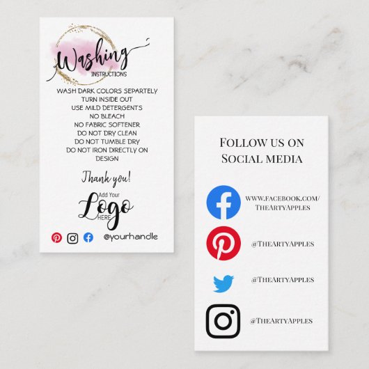 VOEG UW LOGO wasinstructies ZORGKAARTEN TOE Visitekaartje (Voorkant / Achterkant)