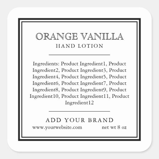 Voeg uw merk klassieke zwarte-grensingrediënten to vierkante sticker (Voorkant)
