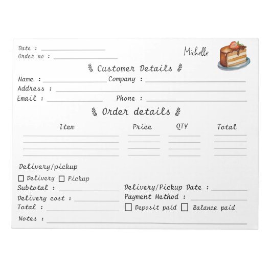 Voeg Uw Naam Taart Cupcake Banketbakkerij Bestelfo Notitieblok (Voorkant)
