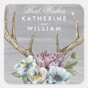 Voeg uw namen toe   Floral Deer Antlers Vierkante Sticker
