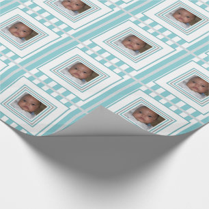 Voeg uw Photo Blue White Striped Wrapping Paper to Cadeaupapier