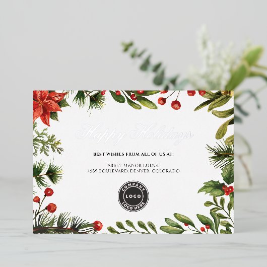 Voeg uw zakelijke Logo-kerstmistletoe Silver toe Folie Feestdagenkaart (Staand Voorkant)