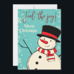 Voel de Joy Merry Kerstmis Snowman Holiday Kaart<br><div class="desc">Deze schattige  kaart is een geweldige manier om te voelen en te genieten van de kerstsfeer. Het ontwerp biedt een blauwe achtergrond met verschillende sneeuwvlokken en een illustratie van sneeuwpoppen. De mooie typografie van groeten maakt dat je de kerstgeest voelt.</div>
