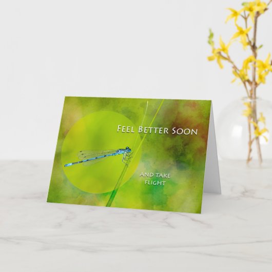 Voel je snel beter en neem de vlucht, Damselfly Kaart (Gele Bloem)