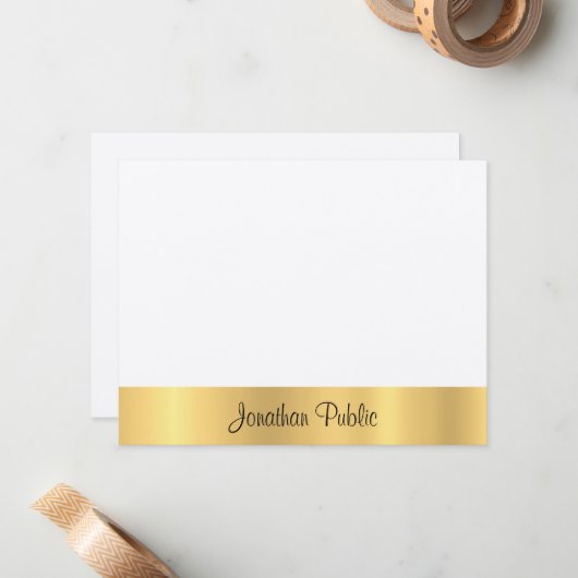 Voelde Ecru Modern Elegant Gold Hand Script Sjablo Notitiekaartje (Voorkant / Achterkant in situ)