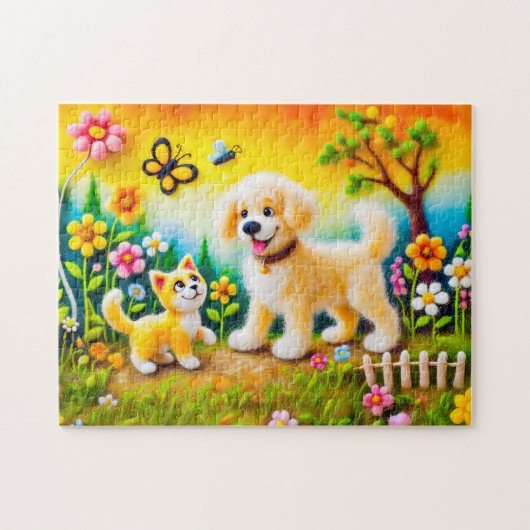 Voelde hond en kat in Golden Sunset Garden Legpuzzel (Horizontaal)