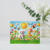 Voelde hond en kind in bloementuin briefkaart (Staand voorkant)