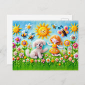 Voelde hond en kind in bloementuin briefkaart (Voorkant / Achterkant)