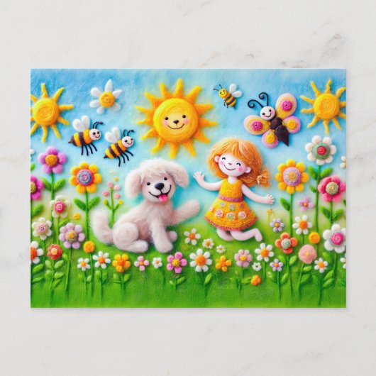 Voelde hond en kind in bloementuin briefkaart (Voorkant)