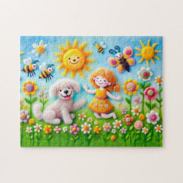 Voelde hond en kind in bloementuin legpuzzel