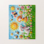 Voelde hond en kind in bloementuin legpuzzel (Verticaal)