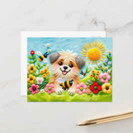 Voelde hond in een bloeiende tuin met bijen briefkaart