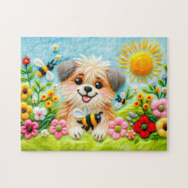 Voelde hond in een bloeiende tuin met bijen legpuzzel