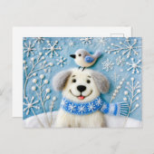 Voelde Hond In Sneeuw Met Sjaal En Vogel Briefkaart (Voorkant / Achterkant)