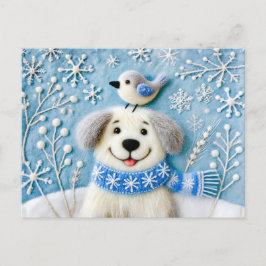Voelde Hond In Sneeuw Met Sjaal En Vogel Briefkaart