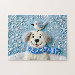 Voelde Hond In Sneeuw Met Sjaal En Vogel Legpuzzel