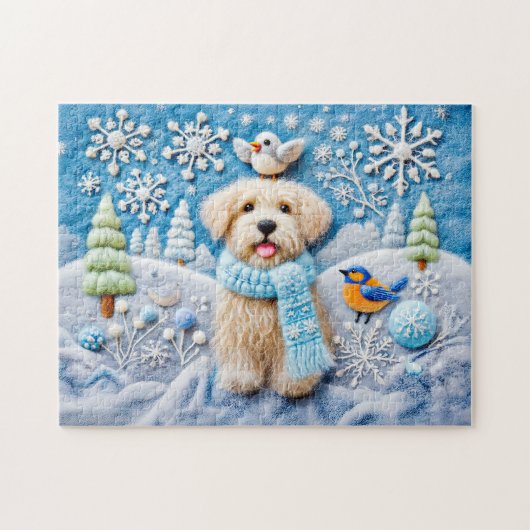 Voelde Hond in Sneeuwrijke Winter Scene Legpuzzel (Horizontaal)