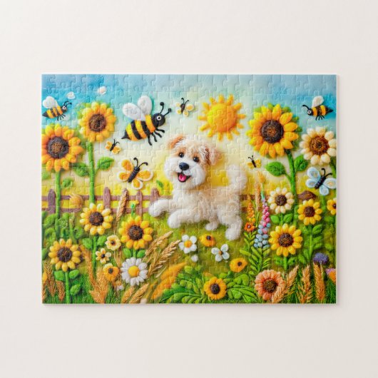 Voelde hond met bijen in een zonnebloementuin legpuzzel (Horizontaal)