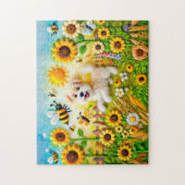 Voelde hond met bijen in een zonnebloementuin legpuzzel (Verticaal)