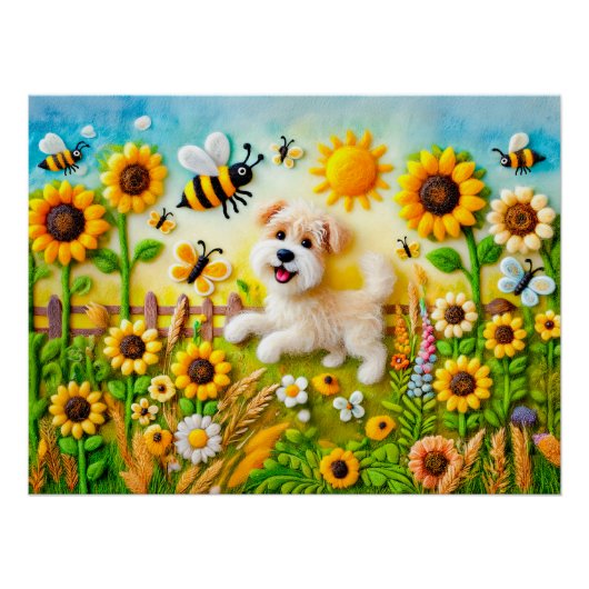 Voelde hond met bijen in een zonnebloementuin perfect poster (Voorkant)