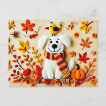 Voelde hond met herfstbladeren en een vogel