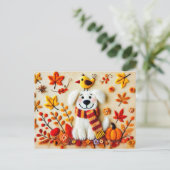 Voelde hond met herfstbladeren en een vogel briefkaart (Staand voorkant)